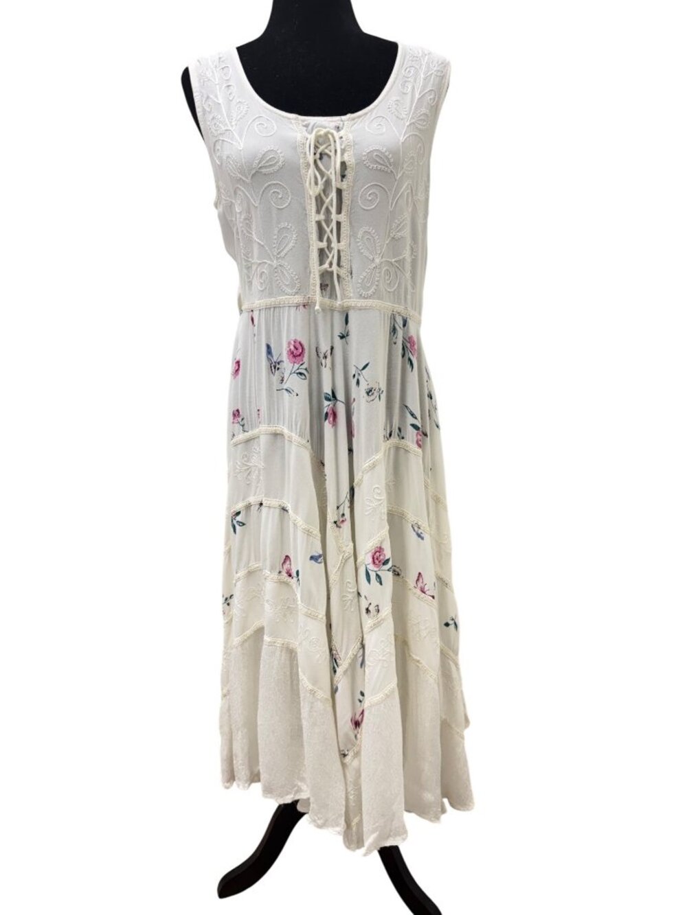 Sakkas Boho Embroidered Rayon Dress – White Floral Panel Sleeveless Midi S/M